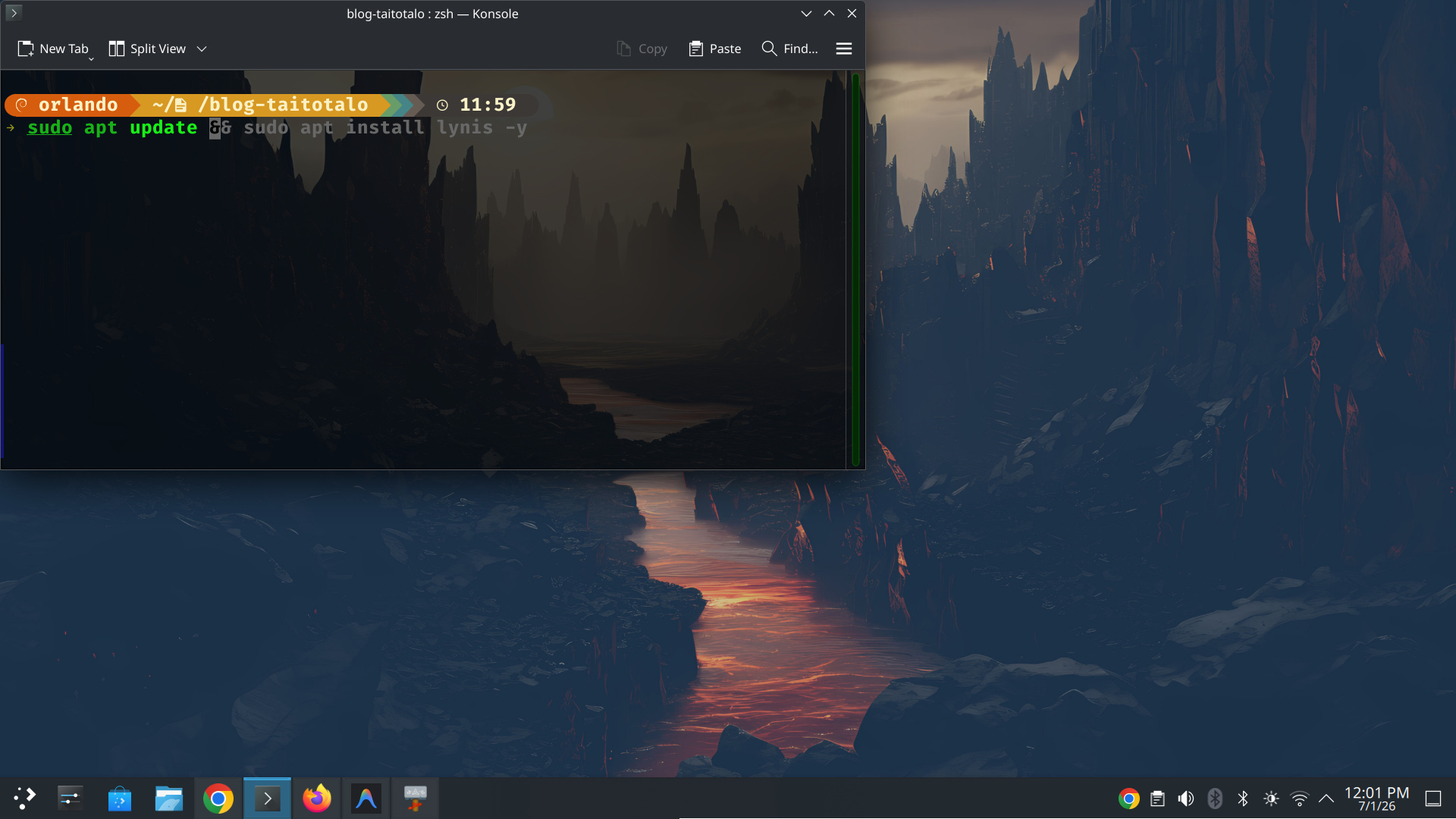 Konsole-terminaali: sudo apt update ja Lynis-asennus